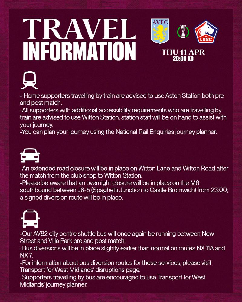 Aston Villa v LOSC Lille travel information Aston Villa v LOSC Lille travel information