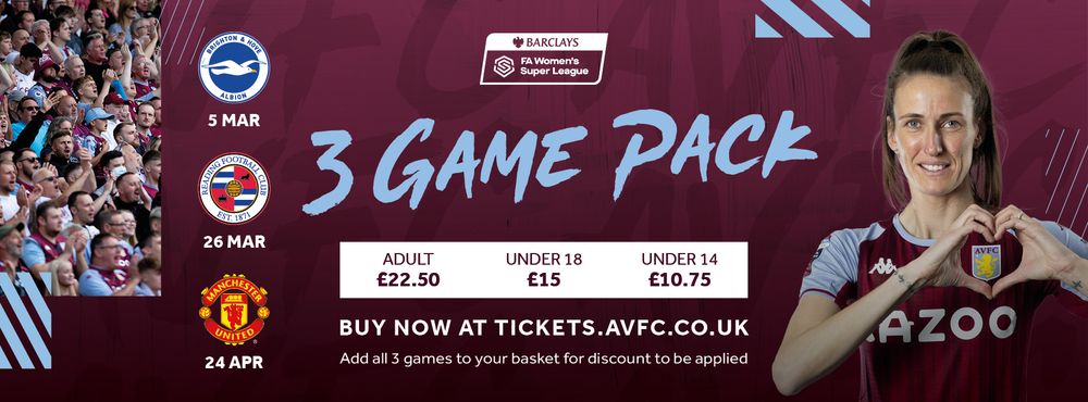 Aston Villa Women three-match ticket bundle Aston Villa Women three-match ticket bundle