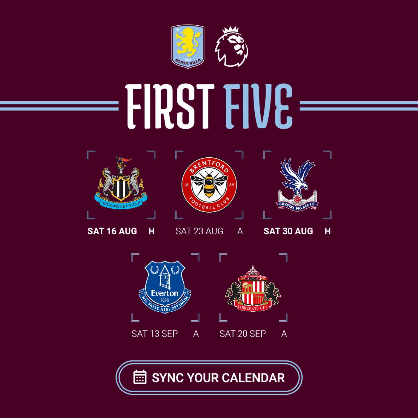 Aston Villa 2025/26 Premier League fixtures